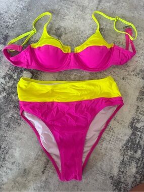 Neon Pink & Yellow Colorblock Underwire Bikini Set